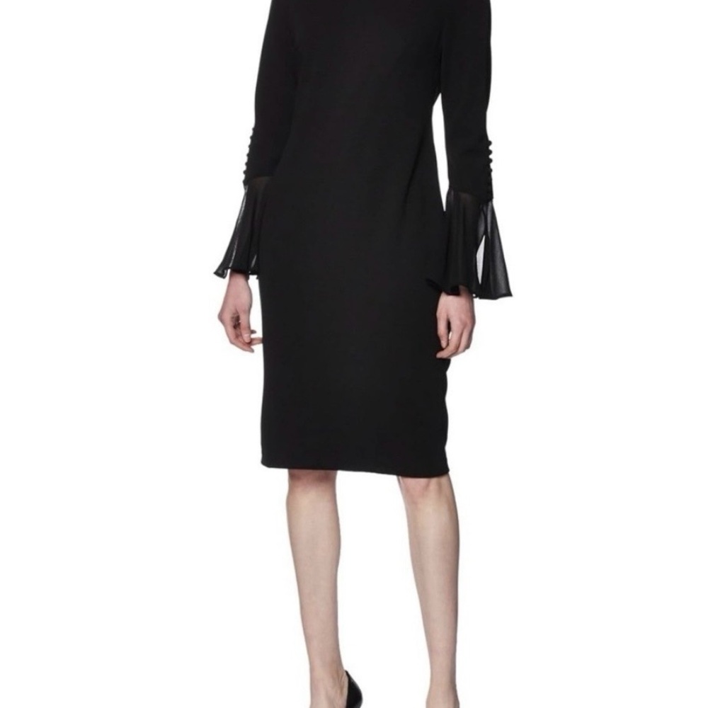 BNWT Calvin Klein Black Chiffon Slit Bell Sleeve Stretch Crepe Sheath Dress. 6